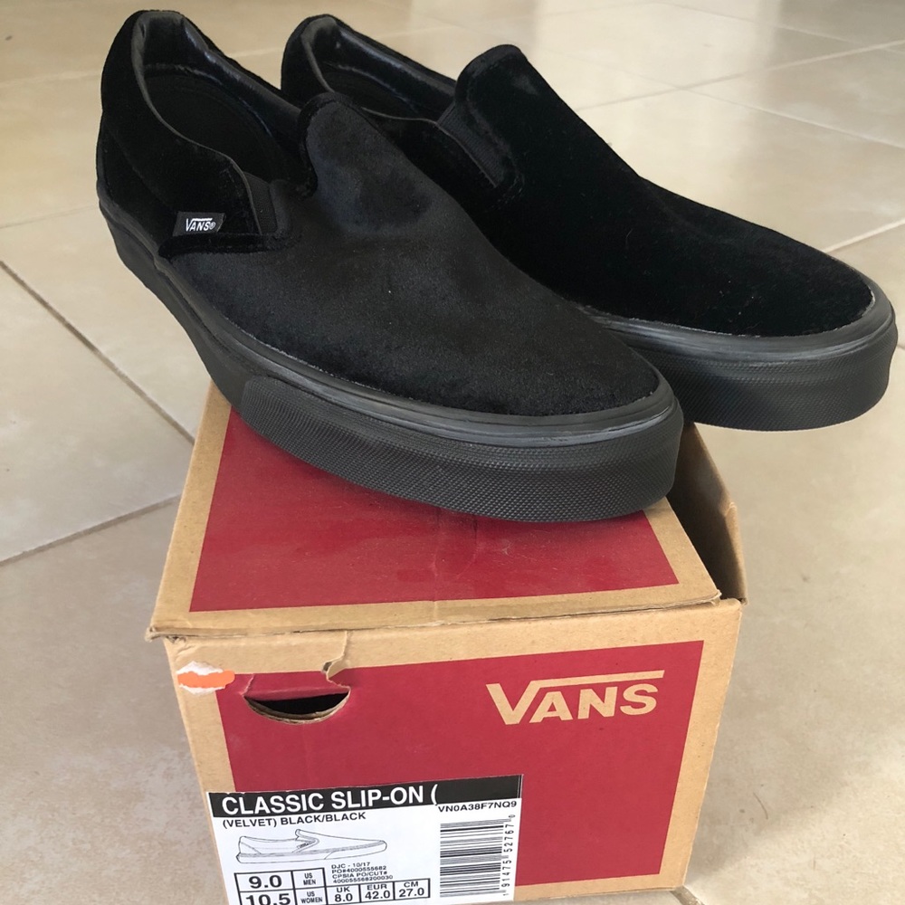 Black velvet slip-on Vans. New